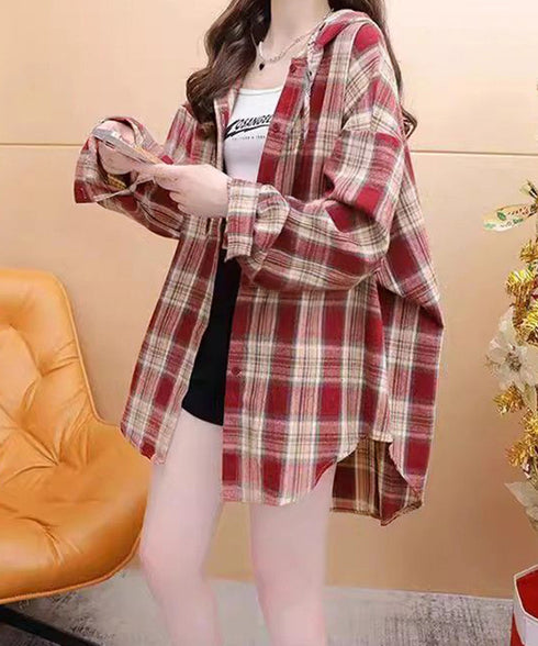 フード付き チェックシャツオーバーサイズ BIGフードシャツ レディース ゆったりレトロ シャツブラウスこなれ感 フーデッドシャツ カジュアル 体型カバートップス 6QINGROU-007