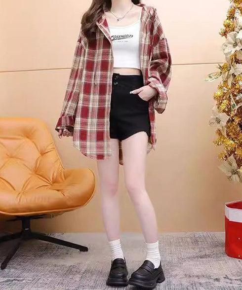 フード付き チェックシャツオーバーサイズ BIGフードシャツ レディース ゆったりレトロ シャツブラウスこなれ感 フーデッドシャツ カジュアル 体型カバートップス 6QINGROU-007