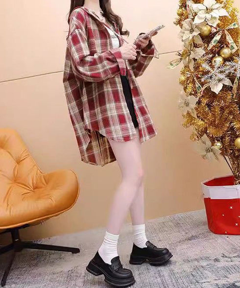 フード付き チェックシャツオーバーサイズ BIGフードシャツ レディース ゆったりレトロ シャツブラウスこなれ感 フーデッドシャツ カジュアル 体型カバートップス 6QINGROU-007