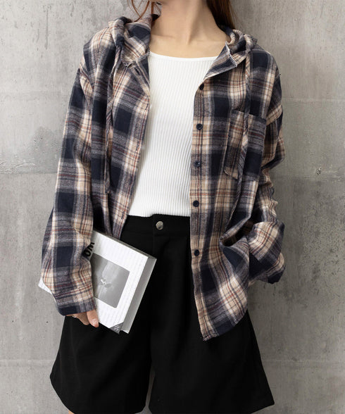 フード付き チェックシャツオーバーサイズ BIGフードシャツ レディース ゆったりレトロ シャツブラウスこなれ感 フーデッドシャツ カジュアル 体型カバートップス 6QINGROU-007