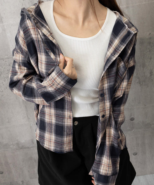 フード付き チェックシャツオーバーサイズ BIGフードシャツ レディース ゆったりレトロ シャツブラウスこなれ感 フーデッドシャツ カジュアル 体型カバートップス 6QINGROU-007