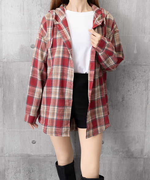 フード付き チェックシャツオーバーサイズ BIGフードシャツ レディース ゆったりレトロ シャツブラウスこなれ感 フーデッドシャツ カジュアル 体型カバートップス 6QINGROU-007