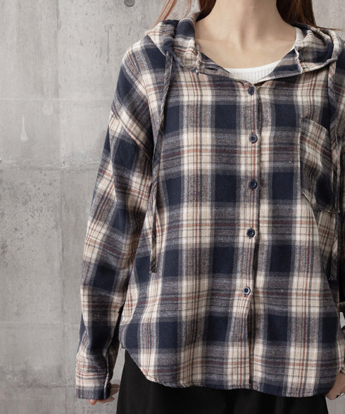 フード付き チェックシャツオーバーサイズ BIGフードシャツ レディース ゆったりレトロ シャツブラウスこなれ感 フーデッドシャツ カジュアル 体型カバートップス 6QINGROU-007