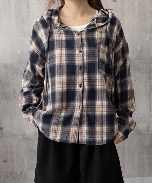 フード付き チェックシャツオーバーサイズ BIGフードシャツ レディース ゆったりレトロ シャツブラウスこなれ感 フーデッドシャツ カジュアル 体型カバートップス 6QINGROU-007