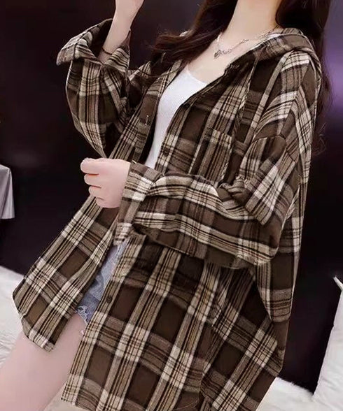 フード付き チェックシャツオーバーサイズ BIGフードシャツ レディース ゆったりレトロ シャツブラウスこなれ感 フーデッドシャツ カジュアル 体型カバートップス 6QINGROU-007