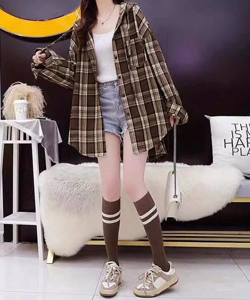 フード付き チェックシャツオーバーサイズ BIGフードシャツ レディース ゆったりレトロ シャツブラウスこなれ感 フーデッドシャツ カジュアル 体型カバートップス 6QINGROU-007
