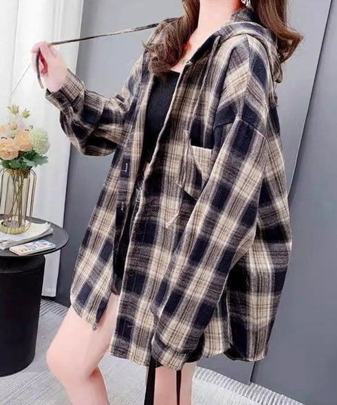 フード付き チェックシャツオーバーサイズ BIGフードシャツ レディース ゆったりレトロ シャツブラウスこなれ感 フーデッドシャツ カジュアル 体型カバートップス 6QINGROU-007