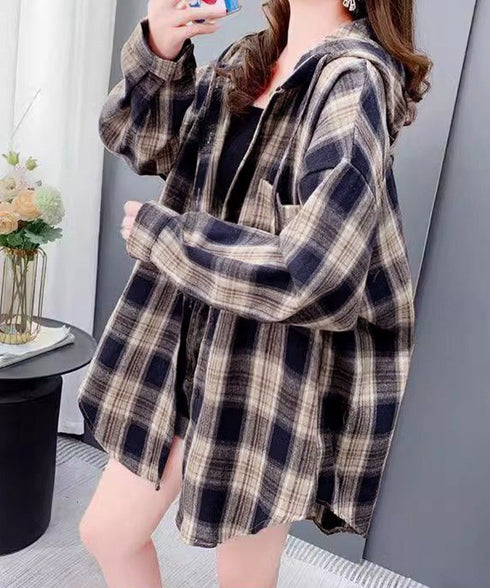 フード付き チェックシャツオーバーサイズ BIGフードシャツ レディース ゆったりレトロ シャツブラウスこなれ感 フーデッドシャツ カジュアル 体型カバートップス 6QINGROU-007