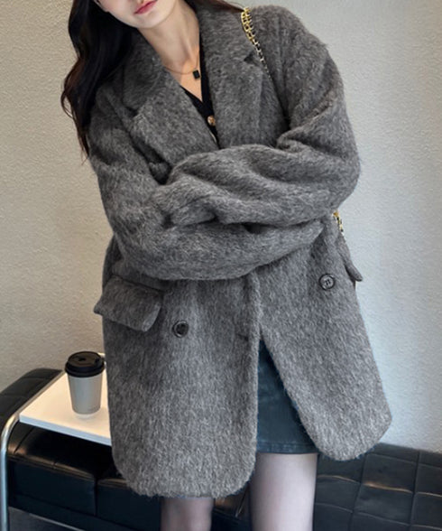 リッチシャギー ミドルコート レディース ダブルブレストジャケット 大人カジュアル テーラードコート ゆったりジャケット 秋冬アウター厚手 あったかアウター 上品 6QINGROU-008