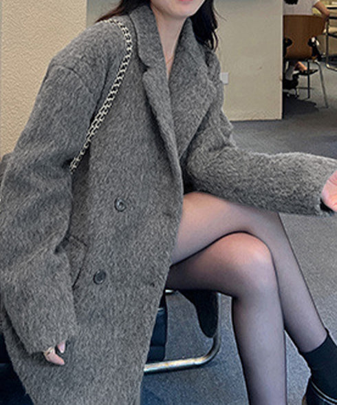 リッチシャギー ミドルコート レディース ダブルブレストジャケット 大人カジュアル テーラードコート ゆったりジャケット 秋冬アウター厚手 あったかアウター 上品 6QINGROU-008