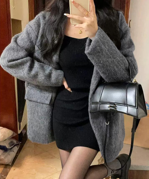 リッチシャギー ミドルコート レディース ダブルブレストジャケット 大人カジュアル テーラードコート ゆったりジャケット 秋冬アウター厚手 あったかアウター 上品 6QINGROU-008