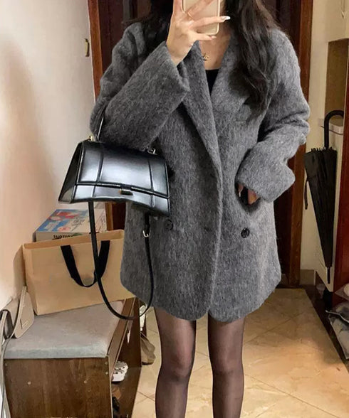 リッチシャギー ミドルコート レディース ダブルブレストジャケット 大人カジュアル テーラードコート ゆったりジャケット 秋冬アウター厚手 あったかアウター 上品 6QINGROU-008