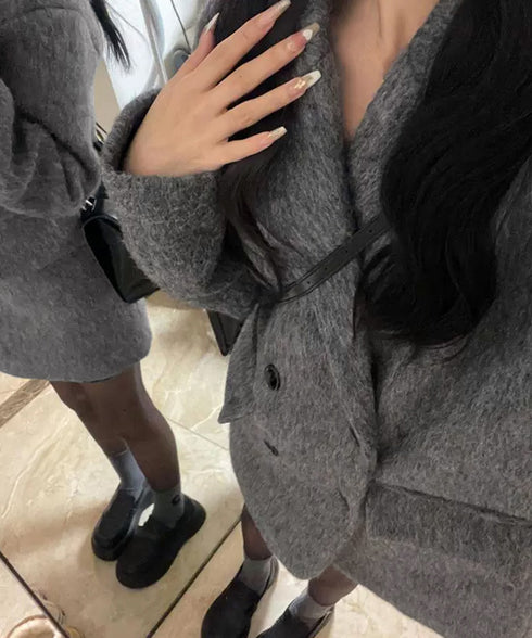 リッチシャギー ミドルコート レディース ダブルブレストジャケット 大人カジュアル テーラードコート ゆったりジャケット 秋冬アウター厚手 あったかアウター 上品 6QINGROU-008