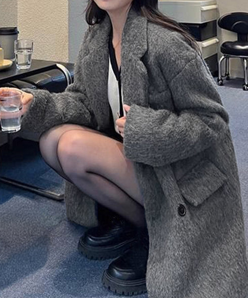 リッチシャギー ミドルコート レディース ダブルブレストジャケット 大人カジュアル テーラードコート ゆったりジャケット 秋冬アウター厚手 あったかアウター 上品 6QINGROU-008