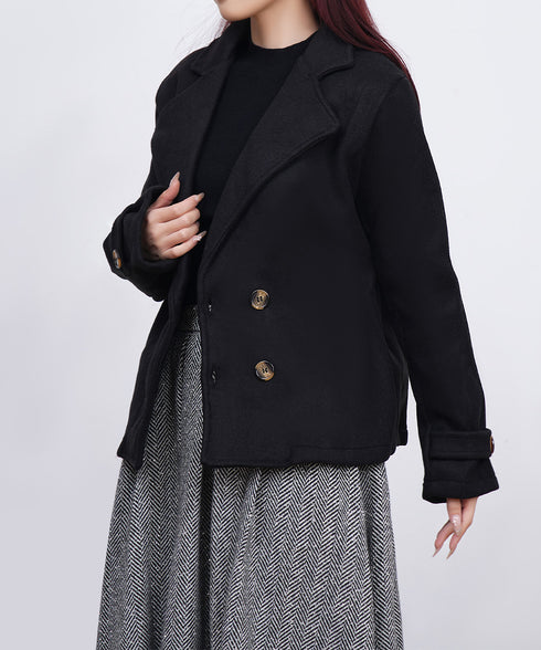 ウールタッチダブルブレストショートコート おしゃれテーラードジャケット 秋冬ショート丈アウター オフィスカジュアル きれいめコンパクトコートきちんと 軽量アウター 6QINGROU-009