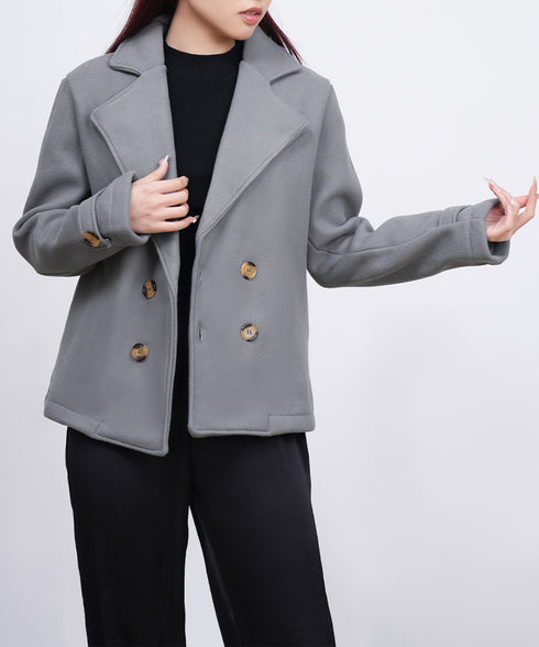 ウールタッチダブルブレストショートコート おしゃれテーラードジャケット 秋冬ショート丈アウター オフィスカジュアル きれいめコンパクトコートきちんと 軽量アウター 6QINGROU-009