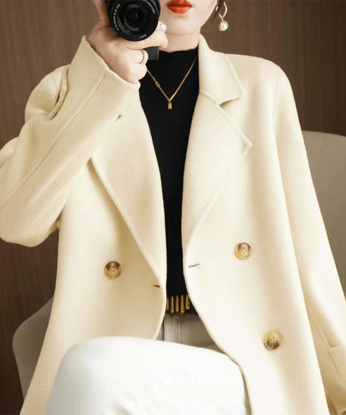 ウールタッチダブルブレストショートコート おしゃれテーラードジャケット 秋冬ショート丈アウター オフィスカジュアル きれいめコンパクトコートきちんと 軽量アウター 6QINGROU-009