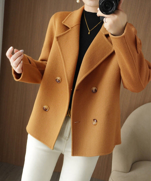 ウールタッチダブルブレストショートコート おしゃれテーラードジャケット 秋冬ショート丈アウター オフィスカジュアル きれいめコンパクトコートきちんと 軽量アウター 6QINGROU-009