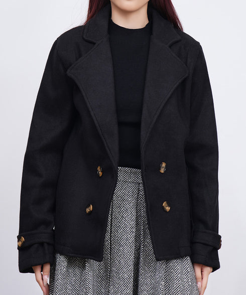 ウールタッチダブルブレストショートコート おしゃれテーラードジャケット 秋冬ショート丈アウター オフィスカジュアル きれいめコンパクトコートきちんと 軽量アウター 6QINGROU-009