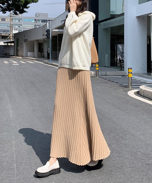 プリーツスカートフレアニットスカート秋冬 レディース ハイウエスト Aラインスカート 着やせ 大人可愛い ロングスカート エレガント お洒落 体型カバーオルチャン 6QIUTIAN-002
