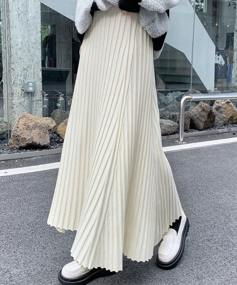 プリーツスカートフレアニットスカート秋冬 レディース ハイウエスト Aラインスカート 着やせ 大人可愛い ロングスカート エレガント お洒落 体型カバーオルチャン 6QIUTIAN-002