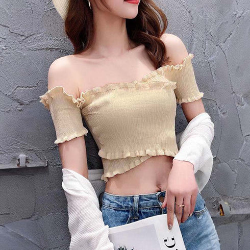 サマーニット レディース サマーニット レディース オフショルダー 肩だし トップス オフショル フリル 春夏 6QSHI-001