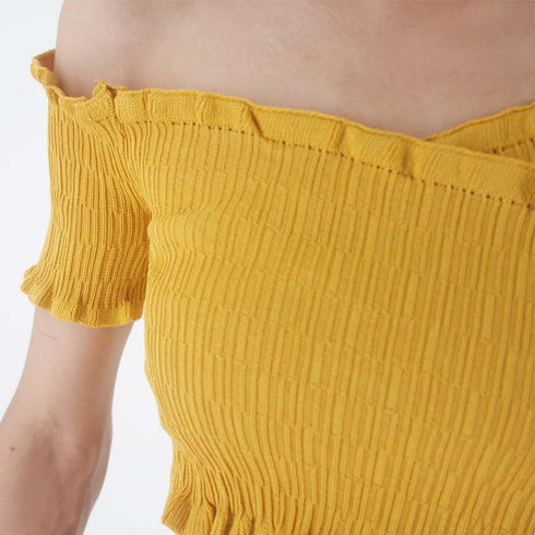 サマーニット レディース サマーニット レディース オフショルダー 肩だし トップス オフショル フリル 春夏 6QSHI-001