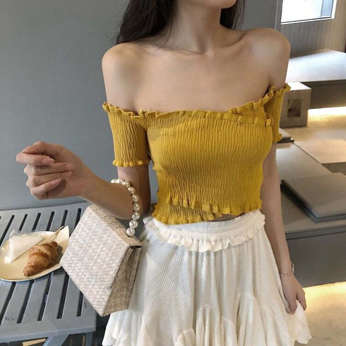 サマーニット レディース サマーニット レディース オフショルダー 肩だし トップス オフショル フリル 春夏 6QSHI-001