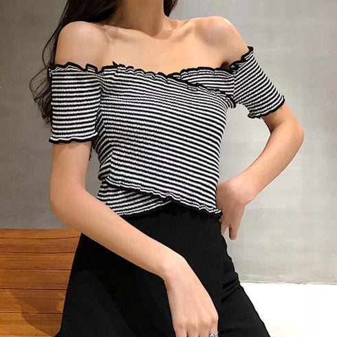 サマーニット レディース サマーニット レディース オフショルダー 肩だし トップス オフショル フリル 春夏 6QSHI-001