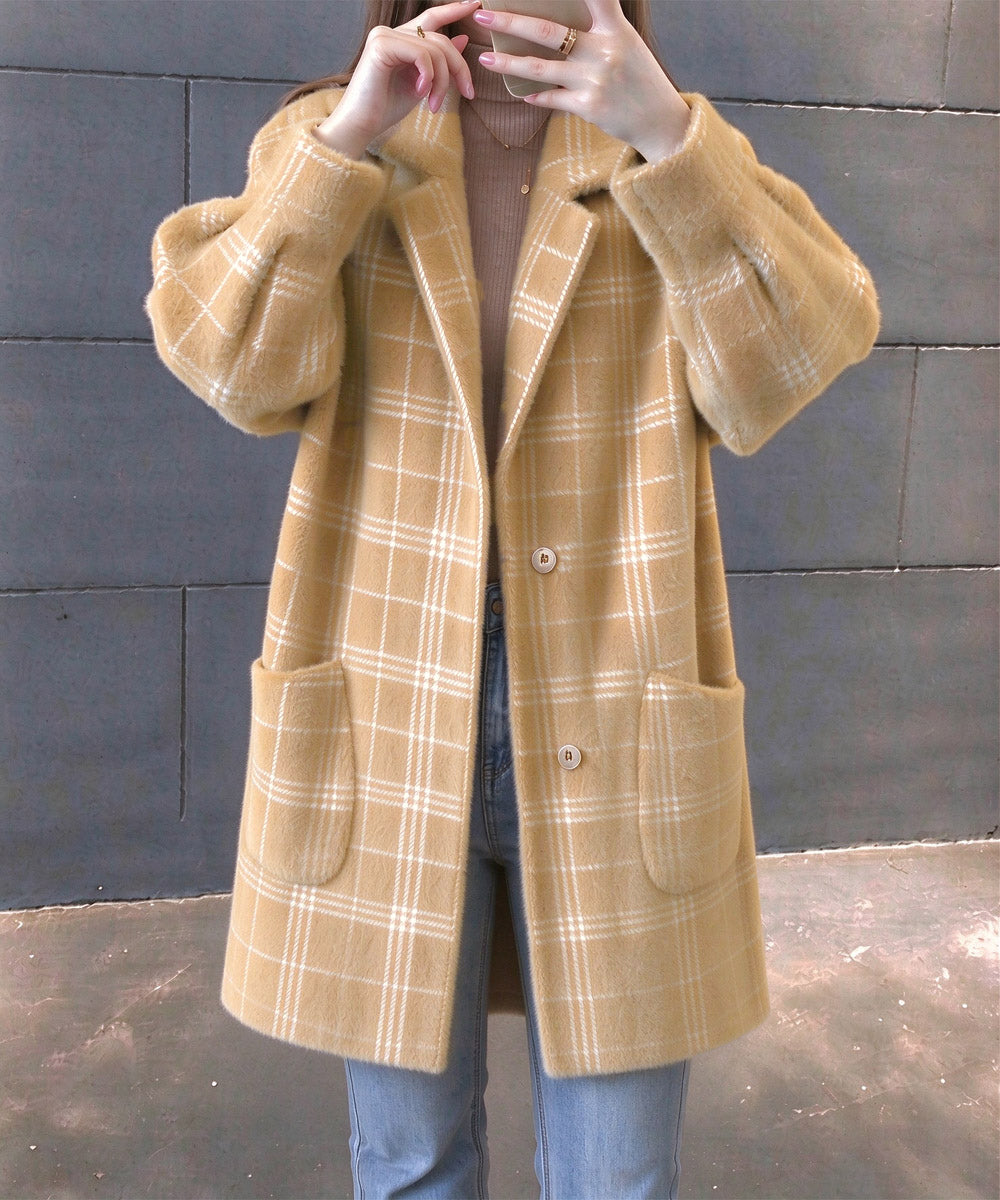 チェック柄シャギーロングチェスターコート