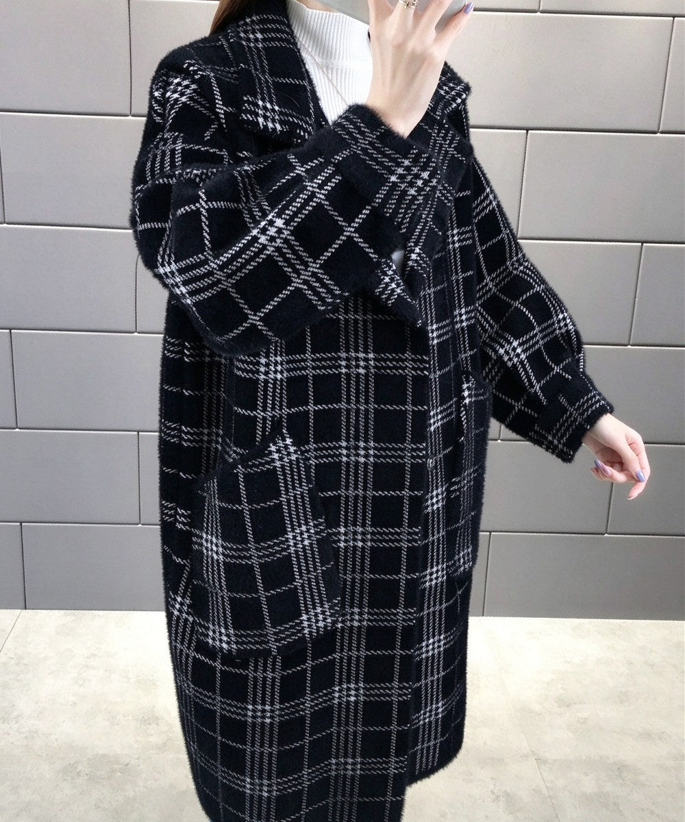 チェック柄シャギーロングチェスターコート