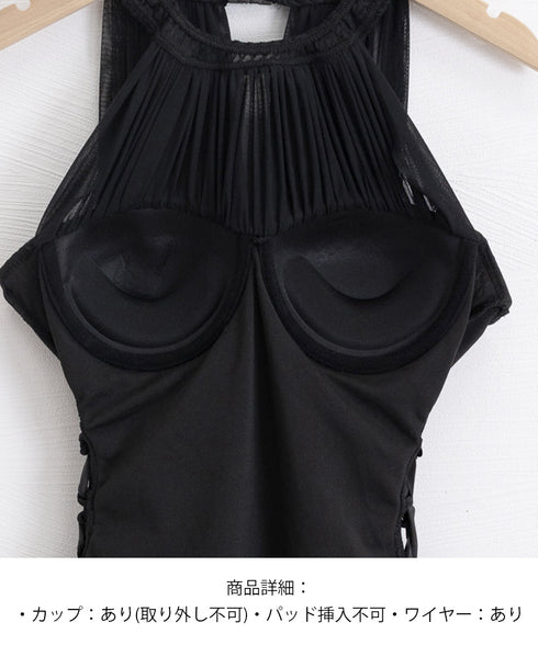 シースルーワンピース水着 ホルターネック オールインワン水着 サイドレースアップ セクシー小胸盛れる水着 オトナ女子モノキニ 肌見せくびれ水着 韓国風みずぎ着やせ 6RUIJIANG-001