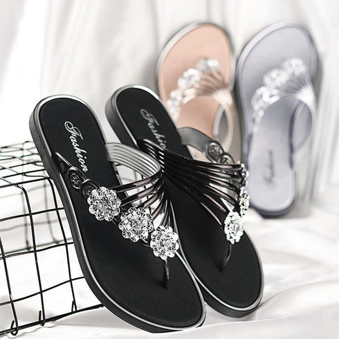 フラワートングサンダル レディース 夏靴 韓国ファッション フラットサンダル 歩きやすい ぺたんこストラップサンダル おしゃれ きらきら可愛い ビーチサンダル旅行 6SDALI-001