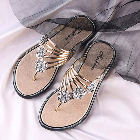 フラワートングサンダル レディース 夏靴 韓国ファッション フラットサンダル 歩きやすい ぺたんこストラップサンダル おしゃれ きらきら可愛い ビーチサンダル旅行 6SDALI-001