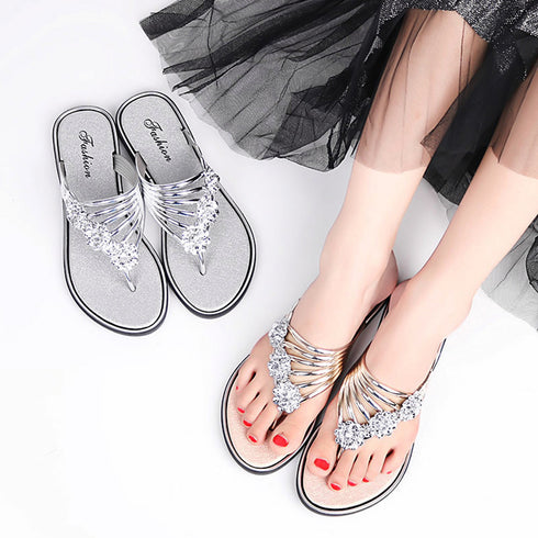 フラワートングサンダル レディース 夏靴 韓国ファッション フラットサンダル 歩きやすい ぺたんこストラップサンダル おしゃれ きらきら可愛い ビーチサンダル旅行 6SDALI-001