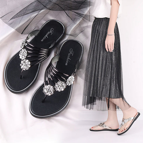 フラワートングサンダル レディース 夏靴 韓国ファッション フラットサンダル 歩きやすい ぺたんこストラップサンダル おしゃれ きらきら可愛い ビーチサンダル旅行 6SDALI-001