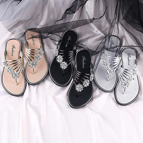 フラワートングサンダル レディース 夏靴 韓国ファッション フラットサンダル 歩きやすい ぺたんこストラップサンダル おしゃれ きらきら可愛い ビーチサンダル旅行 6SDALI-001