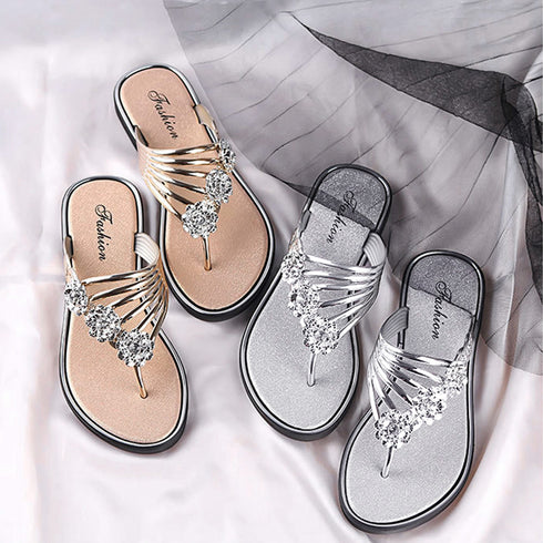 フラワートングサンダル レディース 夏靴 韓国ファッション フラットサンダル 歩きやすい ぺたんこストラップサンダル おしゃれ きらきら可愛い ビーチサンダル旅行 6SDALI-001