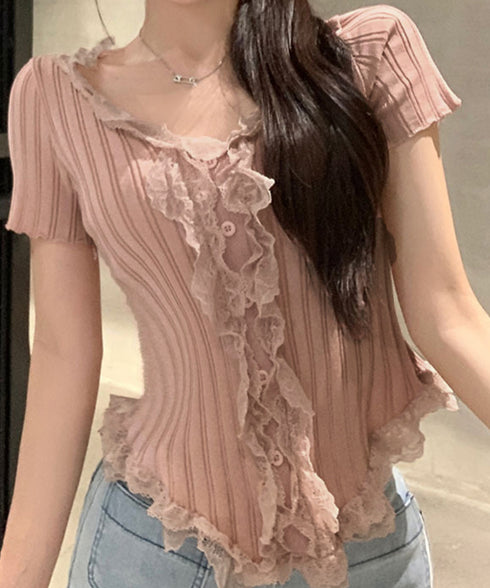 レースフリルニットトップスショート丈夏服 サマーニットレディース ラッフルレースニットソー 甘めコーデ お洒落 コンパクト タイトニット 半袖ニットTシャツ韓国風 6SENZHU-001