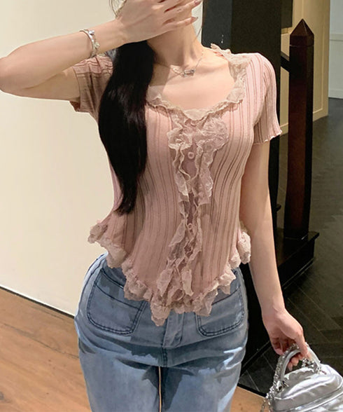 レースフリルニットトップスショート丈夏服 サマーニットレディース ラッフルレースニットソー 甘めコーデ お洒落 コンパクト タイトニット 半袖ニットTシャツ韓国風 6SENZHU-001