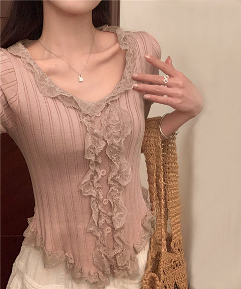 レースフリルニットトップスショート丈夏服 サマーニットレディース ラッフルレースニットソー 甘めコーデ お洒落 コンパクト タイトニット 半袖ニットTシャツ韓国風 6SENZHU-001