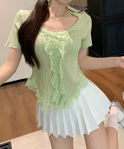 レースフリルニットトップスショート丈夏服 サマーニットレディース ラッフルレースニットソー 甘めコーデ お洒落 コンパクト タイトニット 半袖ニットTシャツ韓国風 6SENZHU-001