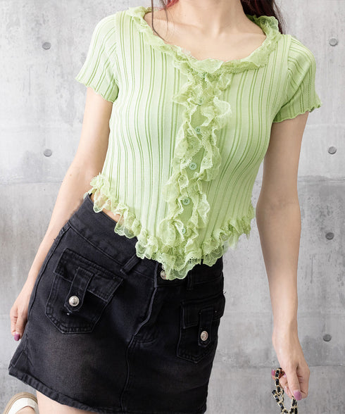レースフリルニットトップスショート丈夏服 サマーニットレディース ラッフルレースニットソー 甘めコーデ お洒落 コンパクト タイトニット 半袖ニットTシャツ韓国風 6SENZHU-001