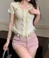 レースフリルニットトップスショート丈夏服 サマーニットレディース ラッフルレースニットソー 甘めコーデ お洒落 コンパクト タイトニット 半袖ニットTシャツ韓国風 6SENZHU-001