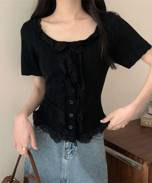 レースフリルニットトップスショート丈夏服 サマーニットレディース ラッフルレースニットソー 甘めコーデ お洒落 コンパクト タイトニット 半袖ニットTシャツ韓国風 6SENZHU-001