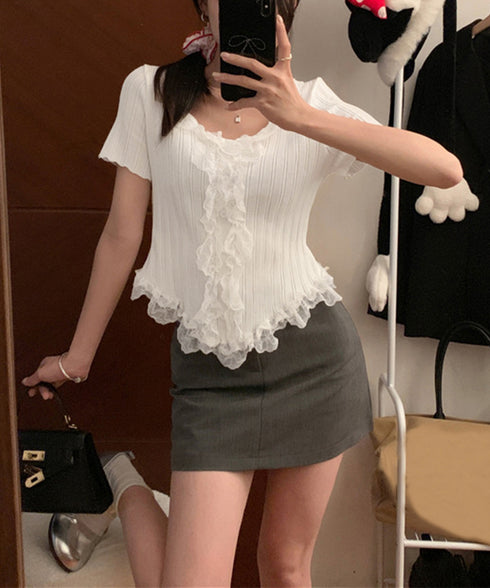 レースフリルニットトップスショート丈夏服 サマーニットレディース ラッフルレースニットソー 甘めコーデ お洒落 コンパクト タイトニット 半袖ニットTシャツ韓国風 6SENZHU-001