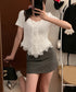 レースフリルニットトップスショート丈夏服 サマーニットレディース ラッフルレースニットソー 甘めコーデ お洒落 コンパクト タイトニット 半袖ニットTシャツ韓国風 6SENZHU-001