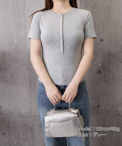ヘンリーネックTシャツワンポイントロゴt 細見えリブトップス ハーフボタン コンパクトTシャツ 華奢見え刺しゅう 半袖カットソー 韓国風 大人カジュアル春夏服無地 6SLSHUM-001
