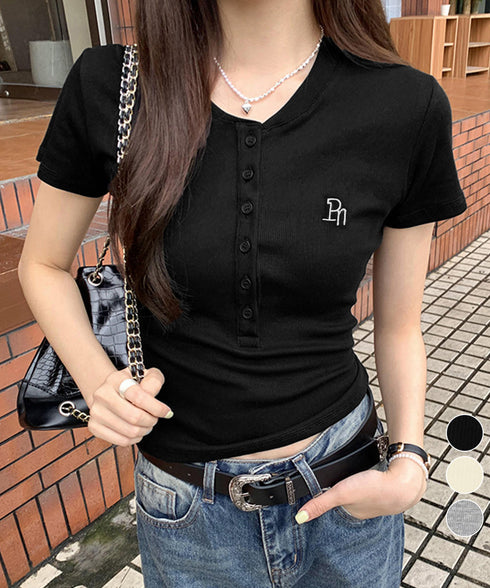 ヘンリーネックTシャツワンポイントロゴt 細見えリブトップス ハーフボタン コンパクトTシャツ 華奢見え刺しゅう 半袖カットソー 韓国風 大人カジュアル春夏服無地 6SLSHUM-001