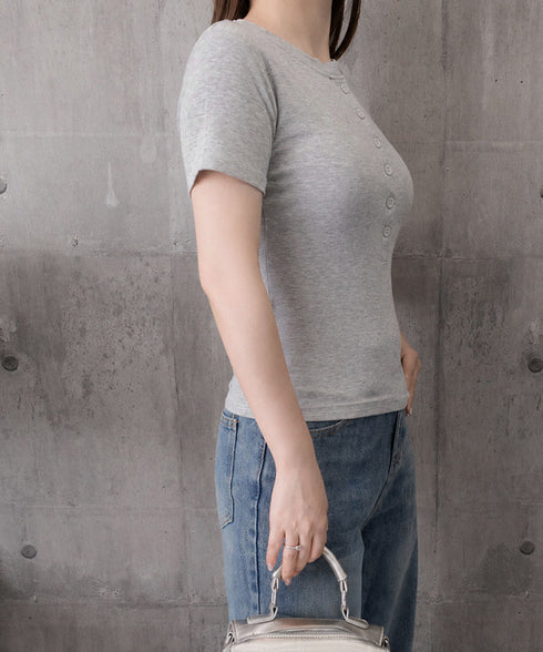 ヘンリーネックTシャツワンポイントロゴt 細見えリブトップス ハーフボタン コンパクトTシャツ 華奢見え刺しゅう 半袖カットソー 韓国風 大人カジュアル春夏服無地 6SLSHUM-001